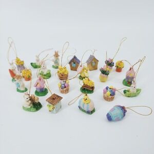 Vintage Lot of 24 Mini Easter Ornaments Hand Painted Ceramic Figures 90s Spring